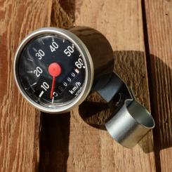 Tachometer "VDO", schwarz, D=48mm, Aluring D=52mm, f. 20"-28" (für  VDO Blech u. Nylon Antreiber), incl. Halter roh 