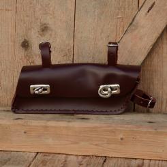 Werkzeugtasche, Leder, rotbraun, Trapezform, Beschläge vernickelt, passend für viele Herrenfahrradklassiker 