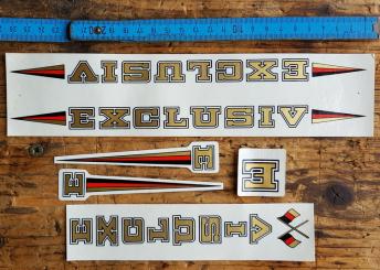 Aufklebersatz  "EXCLUSIV", Folienaufkleber passend für 70-80er Jahre Fahrräder, orig. alte Neuware. 