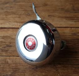 Glocke "SOLEX", verchromt,  rundes Motiv, Neuauflage mit Metalldrücker passend für VELOSOLEX 