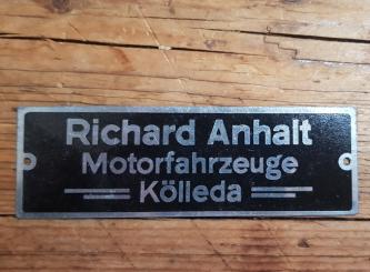 Händler Schutzblech Schild "Richard Anhalt", original aus Händlernachlaß für Motorfahrrad u. Motorrad, alte Neuware 