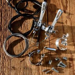 Schalthebel Komplett Satz "SHIMANO" für Vorbaumontage, Aluminium, 70/80er Jahre,  NOS, incl. Schellen u. Zügen 