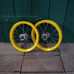 Laufradsatz für Kinderroller, 80/90er Jahre, Außendurchmesser ca. 220 mm, Felgenbreite 34 mm 