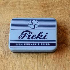 Flickzeug Blechdose "SEMPERIT PICKI" orig. 50er Jahre, 70 x 53 x 14 mm, ohne Inhalt  