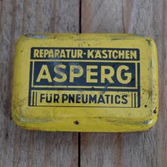 Flickzeug Blechdose "ASPERG" orig. 50 er Jahre, 59 x 41 x 16 mm, ohne Inhalt 