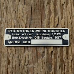 Typenschild für REX 50 ccm Fahrradmotor, originalgetreue Nachfertigung, blanco 