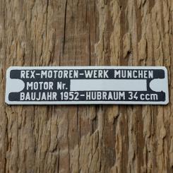 Typenschild für REX 34  ccm Fahrradmotor, originalgetreue Nachfertigung, blanco 
