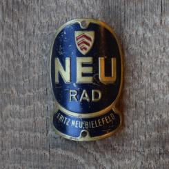 Steuerkopfschild Neu Rad Fritz Neu Bielefeld, 30-50er Jahre, Originalschild aus Sammlungsbestand 