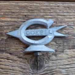 Schutzblechfigur GEOBEL, Alu Druckguss, orig. Altbestand 30-50er Jahre, Zustand siehe Bild 