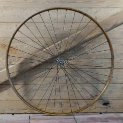 Vorderrad für Wulstbereifung 28 Zoll (635), 1930er J., Felge Holzdekor, Linien schwarz/gold, F&S-Nabe verchromt, gebr.  