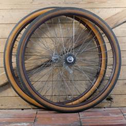 Laufradsatz 26 Zoll (559), für Drahtbereifung, 50er Jahre,  NSU Freilauf-Bremsnabe verchromt, gebr. 