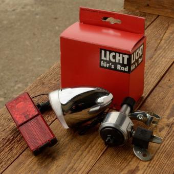Beleuchtungs - Set, Scheinwerfer, Rücklicht, Dynamo "FER", verchromt, D=60mm, incl. Halter 