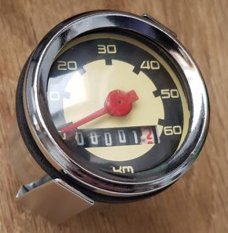 Tachometer mit zweifarbigem Zifferblatt,  typ. Einbautachometer für 50-70er Jahre Mopeds mit Standard ca. 48 mm Durchmesser. 