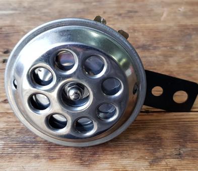 Hupe für Motorrad / Motorfahrrad / Moped, 12 Volt, klassische Ausführrung, gelocht, D=70mm, Halterung Metall schwarz 