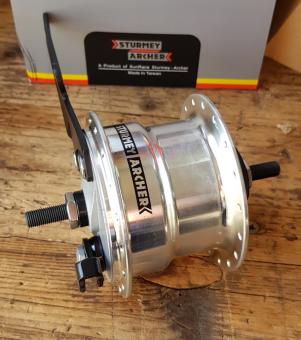 Trommelbremsnabe mit Nabendynamo "Sturmey Archer", Alu Nabenkörper, 36Loch, hochwertige Ausf., incl. Montageset 