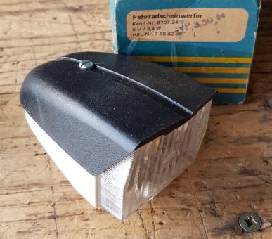 Scheinwerfer "FER", Kunststoff schwarz-weiß, B=70mm, L=90mm, ohne Halter, orig. Altbestand 