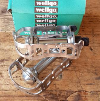 Pedale "WELLGO", Stahl, verchromt,  für Straßenrenner, orig. 70/80er Jahre NOS/NIB 