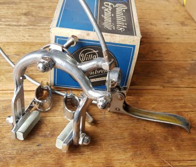 Bremszange / Felgenbremse vorne "VILLA", Aluminium u. Stahl verchromt, orig. 30/40er Jahre, Komplettsatz gem. Bildern 