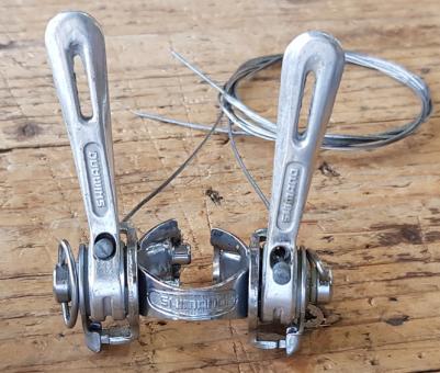 Schalthebel Komplett Satz "SHIMANO" für Unterrohrmontage, Aluminium, 70/80er Jahre,  NOS, incl. Zügen 