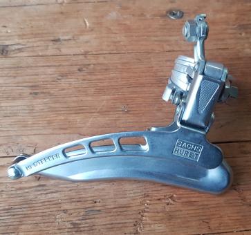 Umwerfer "SACHS", 2-fach, Alu/Stahl, mit Klappschelle für 29-30 mm Rohr, 70/80er Jahre,  NOS 