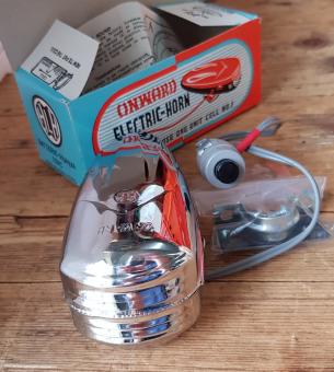 ONWARD elektrische Hupe, das Kult-Horn der 70er für Fahrräder und Mopeds !, incl. Schelle für Lenkerklemmung, rare orig. alte Neuware ! 