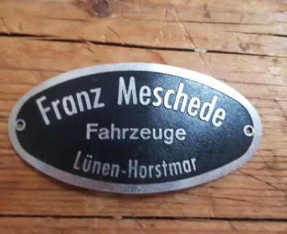 Händler Schutzblech Schild "Franz Meschede", original aus Händlernachlaß für Motorfahrrad u. Motorrad, alte Neuware 