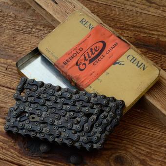 Fahrradkette "RENOLD Elite Cycle Chain" 1/2 x 1/8 Zoll, 110 Glieder, incl. Kettenschloß, orig. 30-50er Jahre Altbestand im Blechkasten ! 