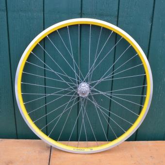 Laufrad MTB vorn 26 Zoll, Felge "Saiko" (Polen) gelb, 559-16, Hohlkammerprofil, Breite 24 mm 
