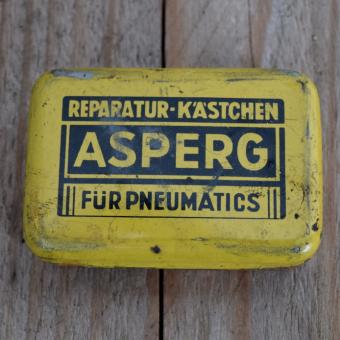 Flickzeug Blechdose "ASPERG" orig. 50 er Jahre, 59 x 41 x 16 mm, ohne Inhalt 