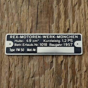 Typenschild für REX 50 ccm Fahrradmotor, originalgetreue Nachfertigung, blanco 