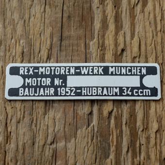 Typenschild für REX 34  ccm Fahrradmotor, originalgetreue Nachfertigung, blanco 