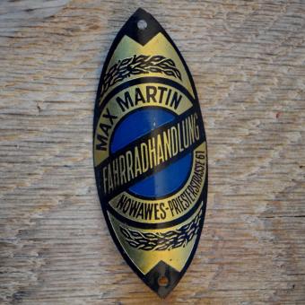 Steuerkopfschild FAHRRADHANDLUNG MAX MARTIN, 30er Jahre, Originalschild aus Sammlungsbestand 