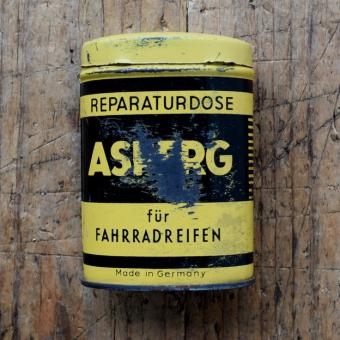 Flickzeug Blechdose "ASPERG" orig. 50er Jahre, 92 x 65 x 35 mm, für Motorrad, ohne Inhalt 