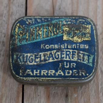 Blechdose "PINNEROL KONSISTENTES KUGELLAGERFETT" orig. 30 er Jahre, 58 x 47 x 18 mm, mit Restfett 
