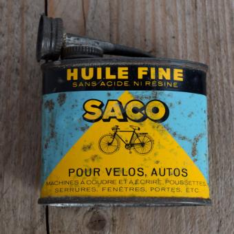 Blechdose "SACO FEINES ÖL" orig. 50 er Jahre, 81 x 34 x 90 mm, ohne Inhalt 