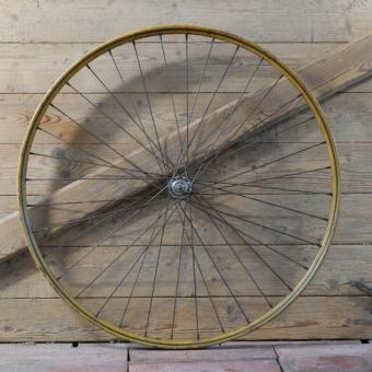 Vorderrad für Drahtbereifung 26 Zoll (559), passend für Ballonrad, 1930er J., Felge Holzdekor, Nabe verchromt, gebr. 