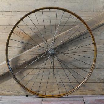 Vorderrad für Drahtbereifung 26 Zoll (559),  für Ballonrad, 1930er J., Felge Holzdekor, PRÄNAFA-Nabe, gebr. 