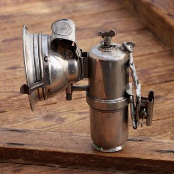 Carbid-Lampe Lohmann für Winkelhaltermontage, 20er/30er Jahre, Messing vernickelt, gebr. 