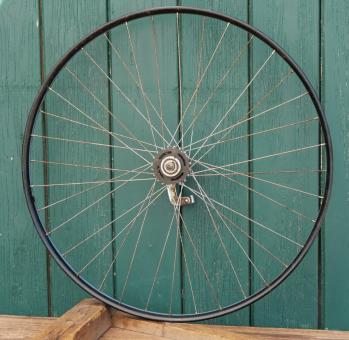 Hinterrad 28 Zoll (635) für Wulstbereifung, Bj. 1934, schwarz, Linien blau/weiß, Torpedo Nabe, gebr. 