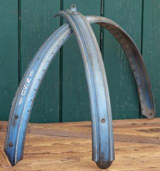 Schutzbleche Satz NSU, 28 Zoll, Damenausführung, 50er J., blau-metallic, Linien weiß/gold, gebr. 