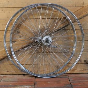 Laufradsatz 26 Zoll (559), für Drahtbereifung, 30er J., Nabe hinten 80er J., Naben: UNION verchromt / SACHS Torpedo  3-Gang S, gebr. 