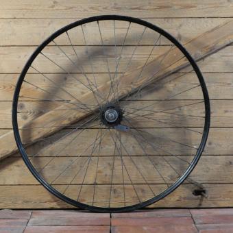 Hinterrad 28 Zoll (622) für Drahtbereifung, Bj. 1950, schwarz, Linien weiß geflammt/gold, Torpedo Nabe, gebr. 