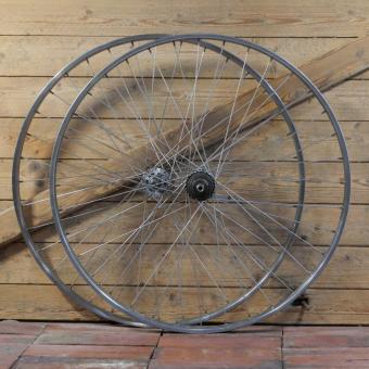 Laufradsatz 26 Zoll (559) RIGIDA Chrom für Drahtbereifung, original 50er/60er J., Hinterrad mit Torpedo 3Gang-Nabe, gebr. 