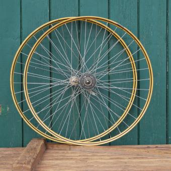 Laufradsatz 28 Zoll (622mm) für Drahtbereifung, orig. 1939, Holzdekor, F&S Komet-Nabe vernickelt, gebr. 